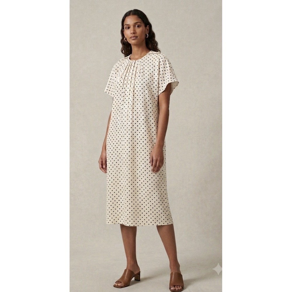 COS A-line Button Down Short Sleeve Polka Dot Dress Size 14 Silky Pleated